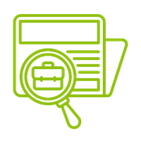 An outline illustration of a document with lines representing text, accompanied by a magnifying glass over it, symbolizing search or analysis.