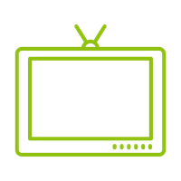 A simple line drawing of a vintage television set with antennae, displayed in a green outline against a white background.