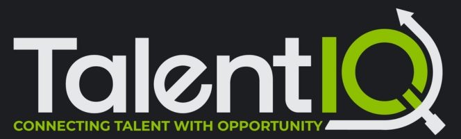Logo for TalentIQ featuring the word 'TalentIQ' in white and green text on a dark background, with the tagline 'Connecting Talent with Opportunity' below it. The design includes circular and arrow elements.